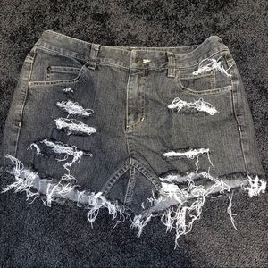 Ripped dark wash jean shorts
